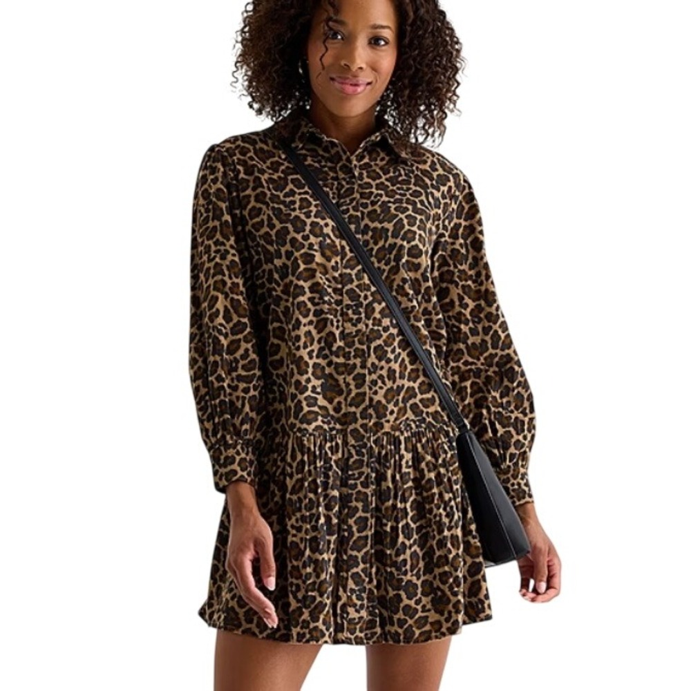 St. John's Bay Mini Dress Women XL Brown Animal‎ Leopard Drop Waist Ruffle $68